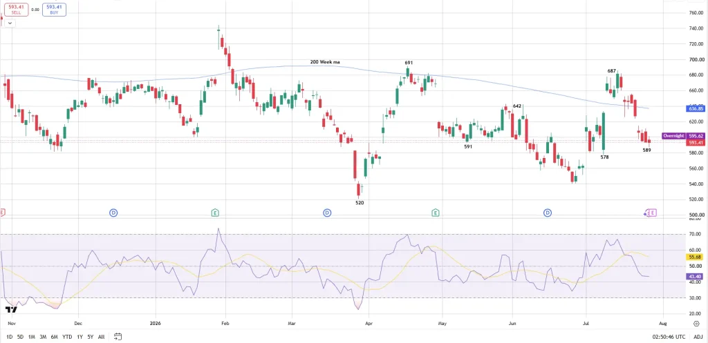 Daily candlestick stock chart with a 200-week moving average line; current price about 593.41 (overnight 595.62) and labeled highs around 691 and 687; RSI indicator shown below the chart.