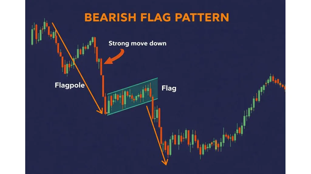 Bearish flag pattern showing the flagpole, rising flag and downward breakout Vantage Markets 