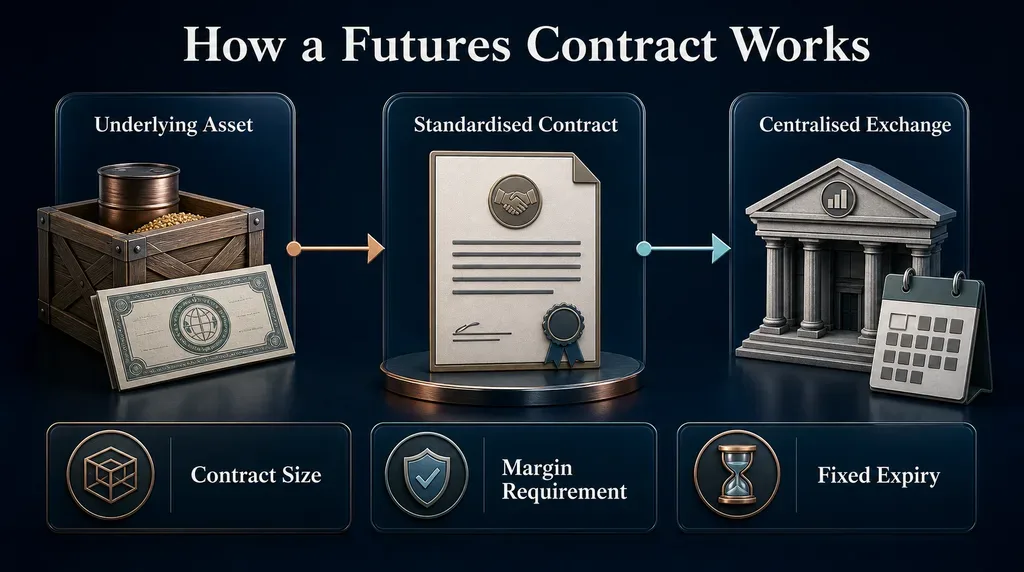How a futures contract connects an underlying asset, standardised contract and centralised exchange Vantage Markets