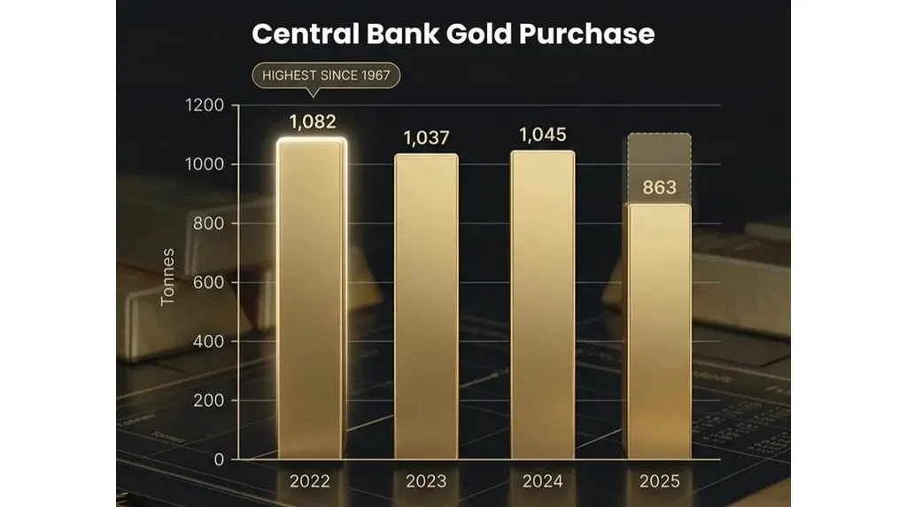 Central bank gold purchases from 2022 to 2025 in tonnes