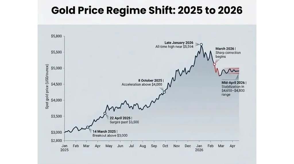 Gold price regime shift from 2025 to 2026 with key market inflection points