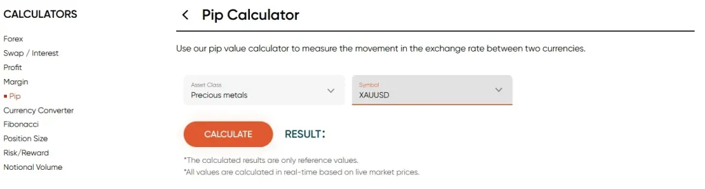 Vantage XAUUSD Pip Trading Calculator