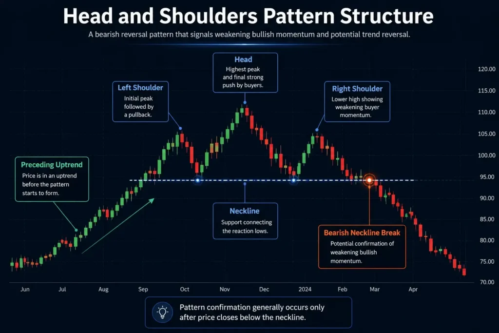 Head and shoulders candlestick pattern showing a preceding uptrend, left shoulder, higher head, lower right shoulder, neckline support, and bearish confirmation after price breaks below the neckline.