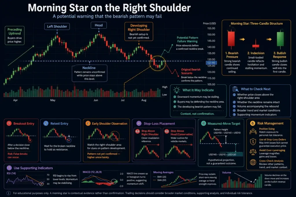 Head and shoulders chart showing a morning star forming on the right shoulder as a potential warning that the bearish pattern may fail before a confirmed neckline break.