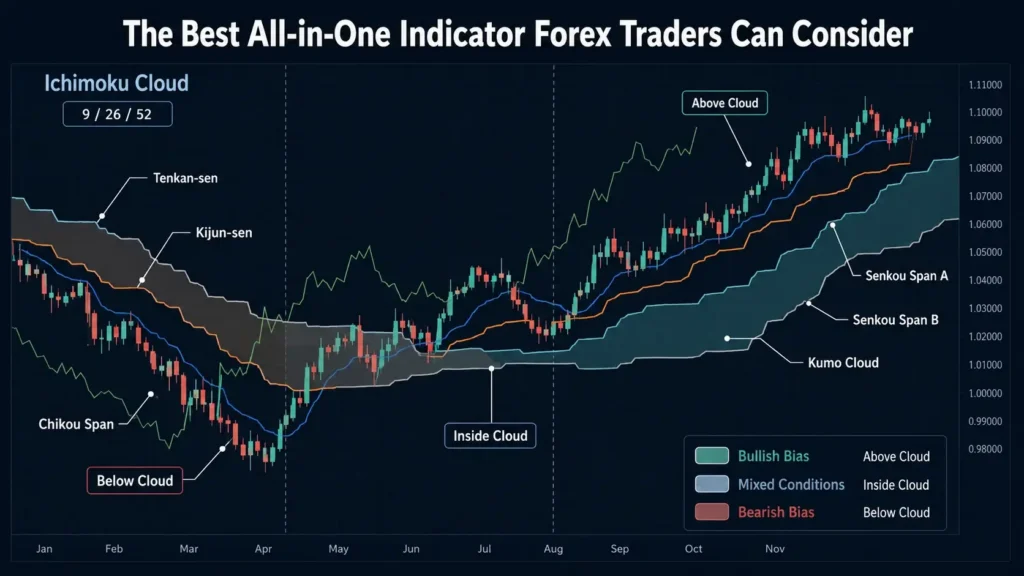 Ichimoku Cloud forex chart showing Tenkan-sen, Kijun-sen, Chikou Span, Senkou Spans, and bullish, mixed, and bearish conditions around the cloud.