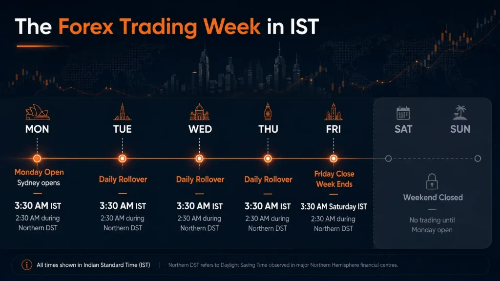 Forex trading week in IST timeline showing Monday open, daily rollover, Friday close, weekend closure and Northern DST time adjustments.