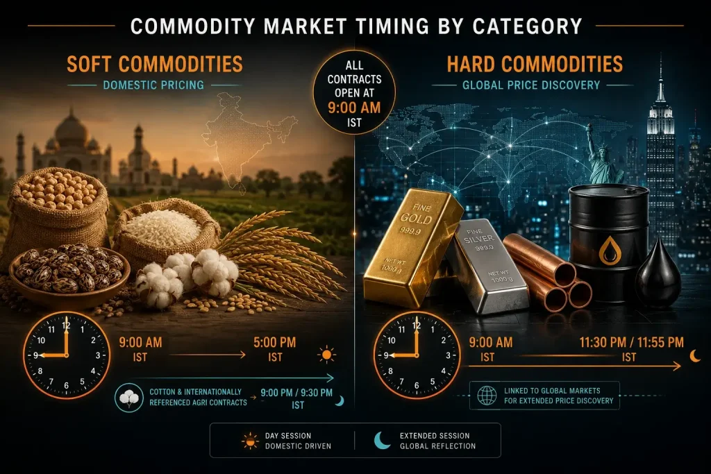 Commodity market timing comparison in IST for soft commodities, agricultural contracts, metals and energy products.
