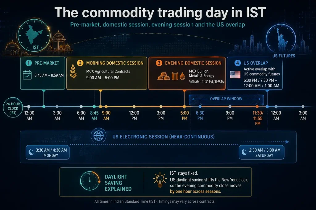 Commodity trading day timeline in IST showing MCX sessions, US futures overlap, electronic trading hours and daylight-saving changes.