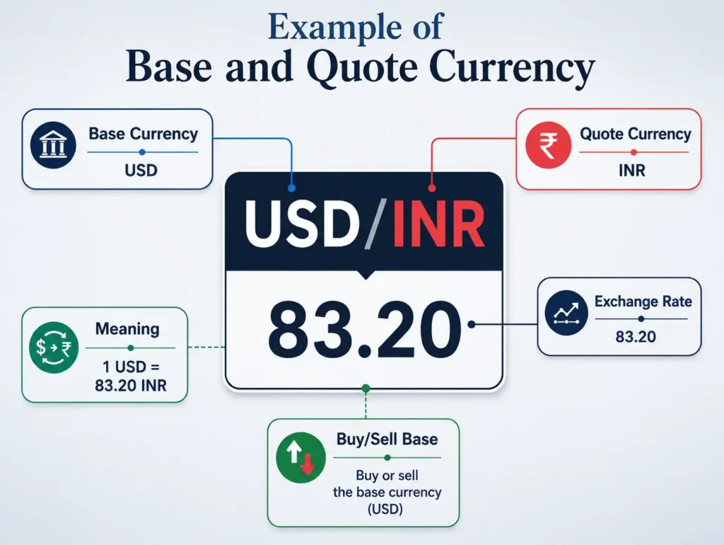Infographic explaining the USD/INR forex pair, showing USD as the base currency, INR as the quote currency, and an exchange rate of 83.20, meaning 1 USD equals 83.20 INR.