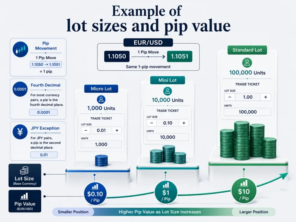 Infographic explaining forex lot sizes and pip value using EUR/USD, showing a 1-pip move from 1.1050 to 1.1051 and comparing micro, mini, and standard lots with pip values of $0.10, $1, and $10.