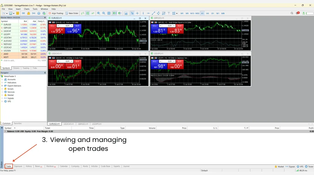 how to view and manage Open Trades on metatrader 5 Vantage Markets