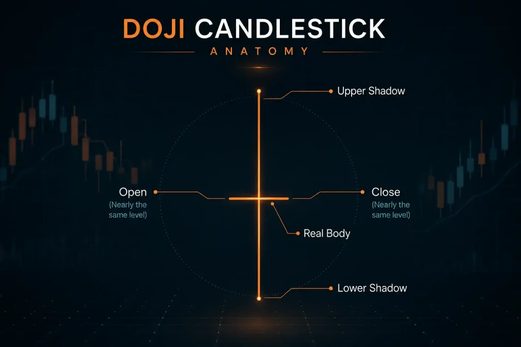 Doji candlestick anatomy diagram labelling the upper shadow, lower shadow, real body, open, and close.