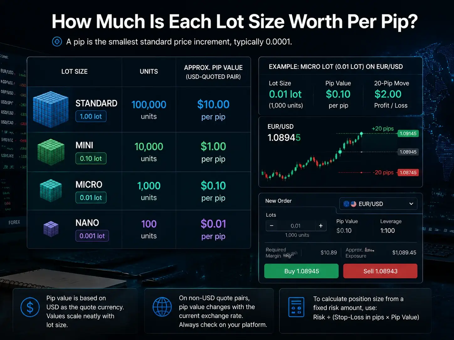 Table showing approximate pip value in USD for standard, mini, micro and nano forex lot sizes