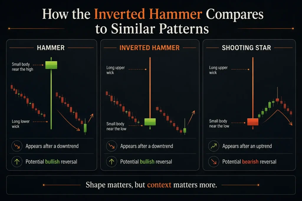 Hammer, inverted hammer and shooting star candlestick patterns compared by shape, prior trend and bullish or bearish reversal context.