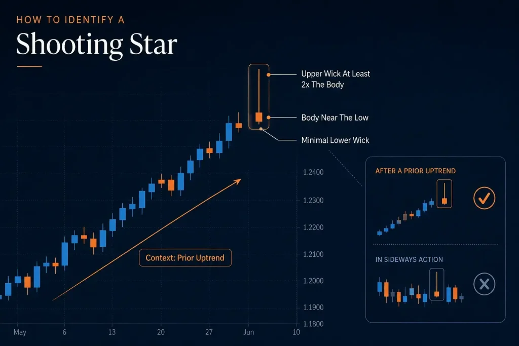Shooting star candlestick chart showing an upper wick at least twice the body, a small lower wick and formation after an uptrend.
