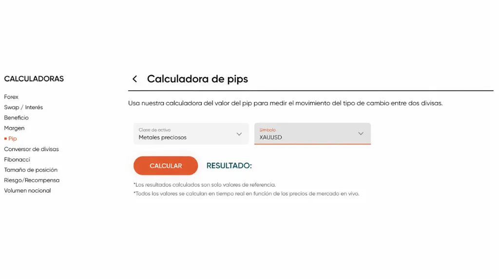 Calculadora de trading de pips para XAU/USD de Vantage