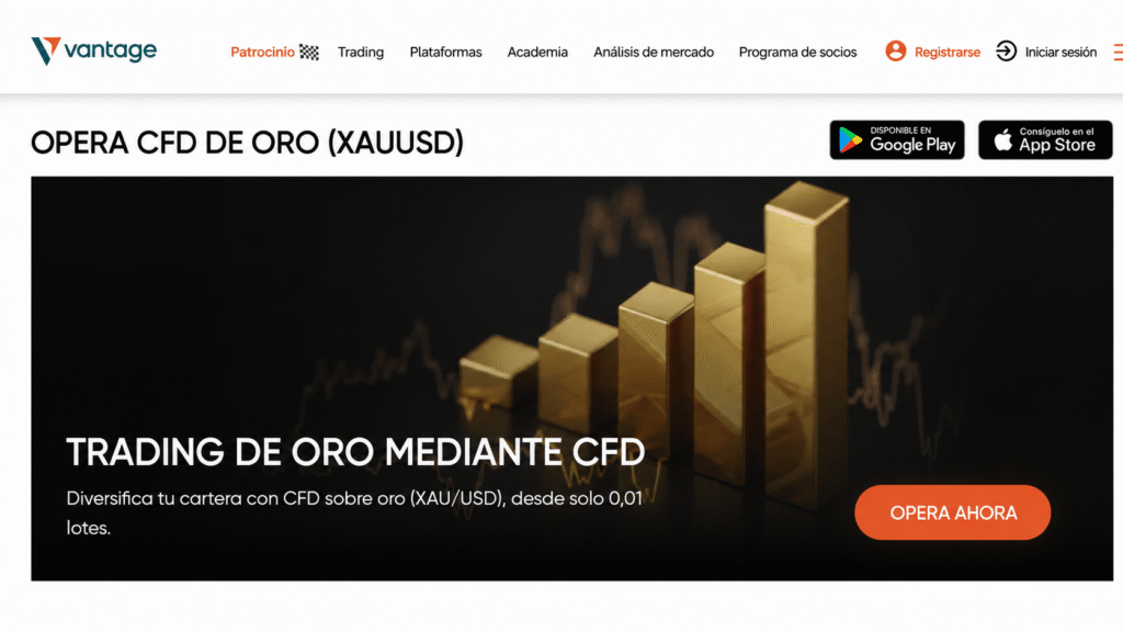 Promotional hero for gold CFD trading showing rising gold bars on a dark chart background