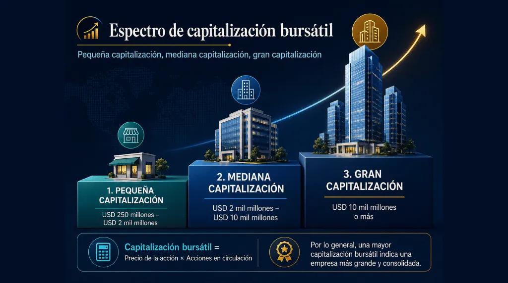 Imagen 1: Infografía — Espectro de capitalización bursátil: pequeña, mediana y gran capitalización Vantage Markets