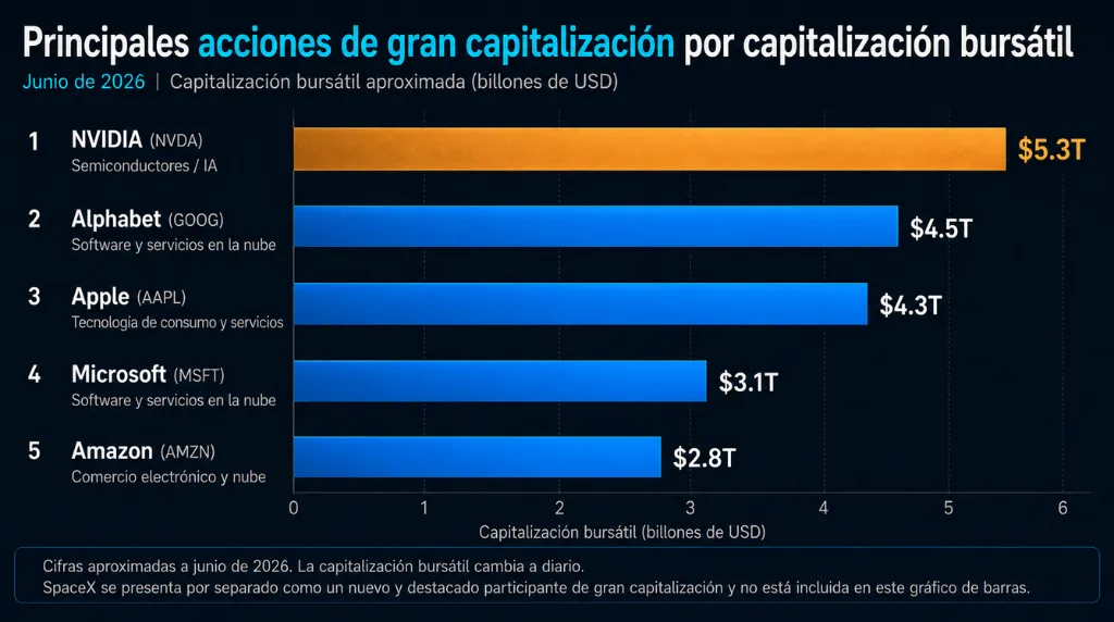 Imagen 2: Gráfico de barras — Las 6 principales acciones de gran capitalización por capitalización bursátil, junio de 2026 Vantage Markets