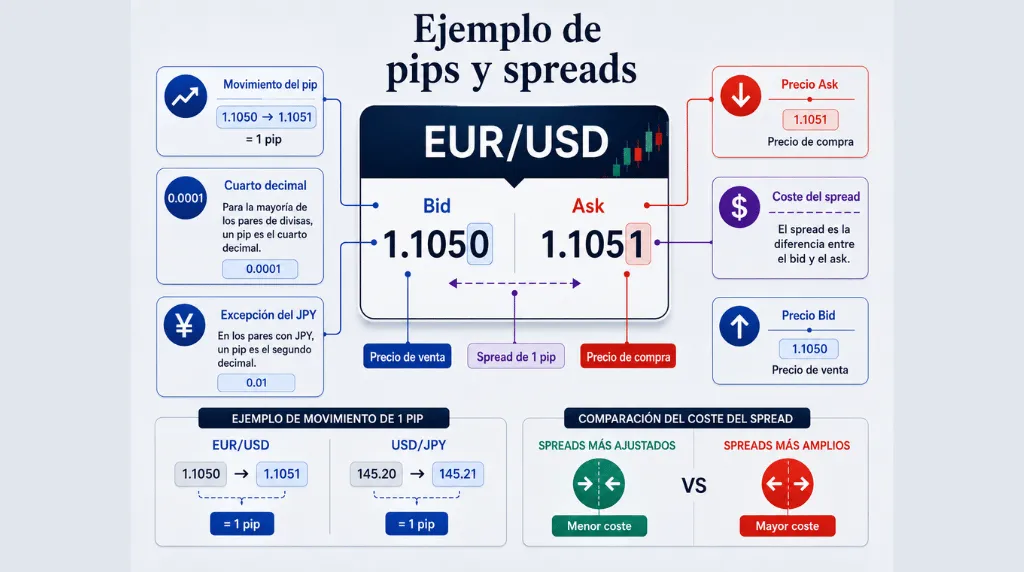 Infografía que explica los pips y los spreads en el mercado de divisas (Forex) utilizando el par EUR/USD; muestra un precio de compra (*bid*) de 1,1050, un precio de venta (*ask*) de 1,1051 y un spread de 1 pip, además de ejemplos de movimientos de pips para los pares EUR/USD y USD/JPY