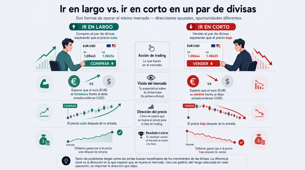 Imagem 2: Operar comprado (long) versus operar vendido (short) em um par de moedas Vantage Markets