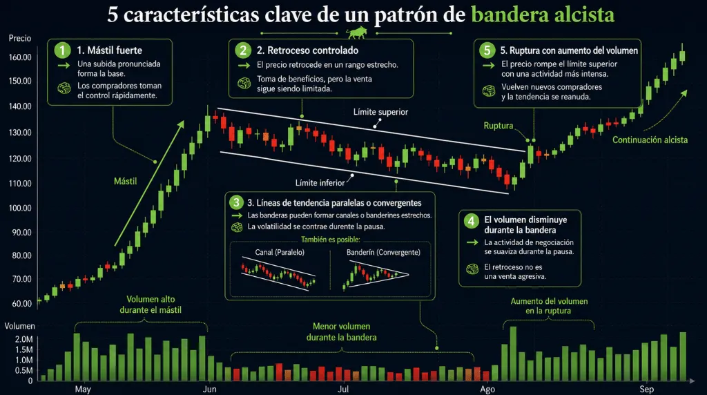 Imagen 3: 5 características clave del patrón de bandera alcista (Bull Flag) – Vantage Markets