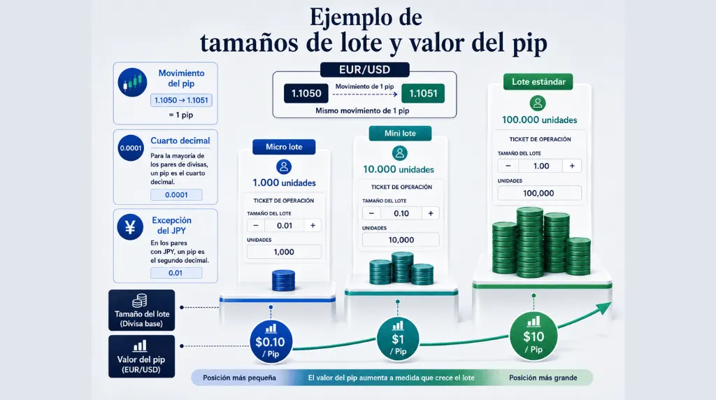 Infografía que explica los tamaños de lote en Forex y el valor del pip utilizando el par EUR/USD; muestra un movimiento de 1 pip (de 1,1050 a 1,1051) y compara lotes micro, mini y estándar con valores de pip de 0,10 $, 1 $ y 10 $