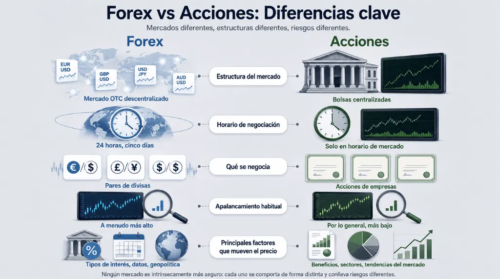 Infografía que compara el mercado de divisas (Forex) y el de acciones a través de cinco diferencias clave: estructura del mercado, horario de negociación, instrumentos negociados, apalancamiento típico y principales factores que determinan los precios. El Forex se presenta como un mercado descentralizado extrabursátil (OTC) de pares de divisas, abierto las 24 horas del día durante cinco días a la semana, que a menudo ofrece un mayor apalancamiento y cuyos precios dependen de los tipos de interés, los datos económicos y la geopolítica. Por su parte, las acciones se muestran como títulos de propiedad de empresas negociados en mercados centralizados, con horarios de cotización específicos, un apalancamiento generalmente menor y precios influidos por factores como los resultados empresariales, los sectores y las tendencias del mercado.