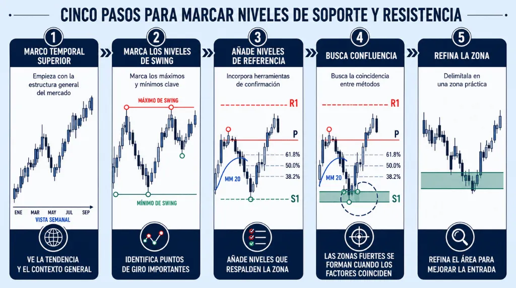 Infografía 1: Cinco pasos para marcar soportes y resistencias Vantage Markets