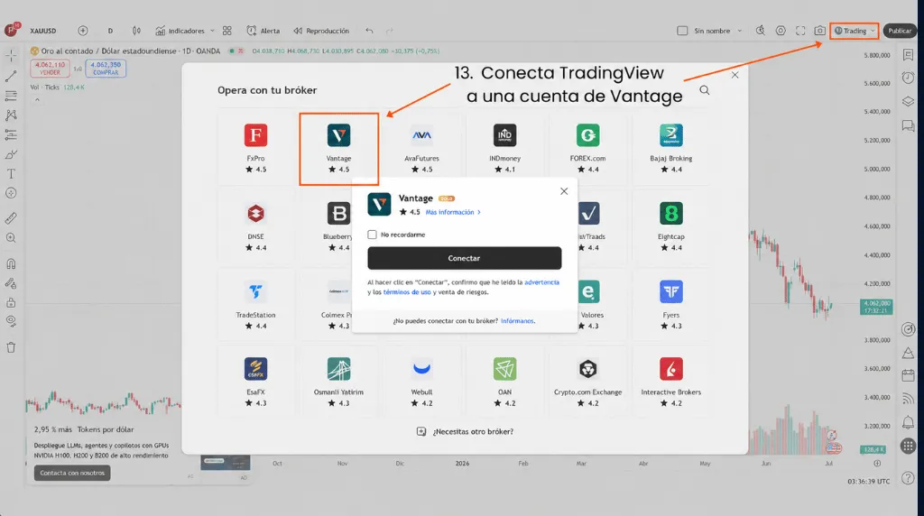 Cómo operar con oro en TradingView: paso 13, conectar TradingView a una cuenta de Vantage para operar con oro.