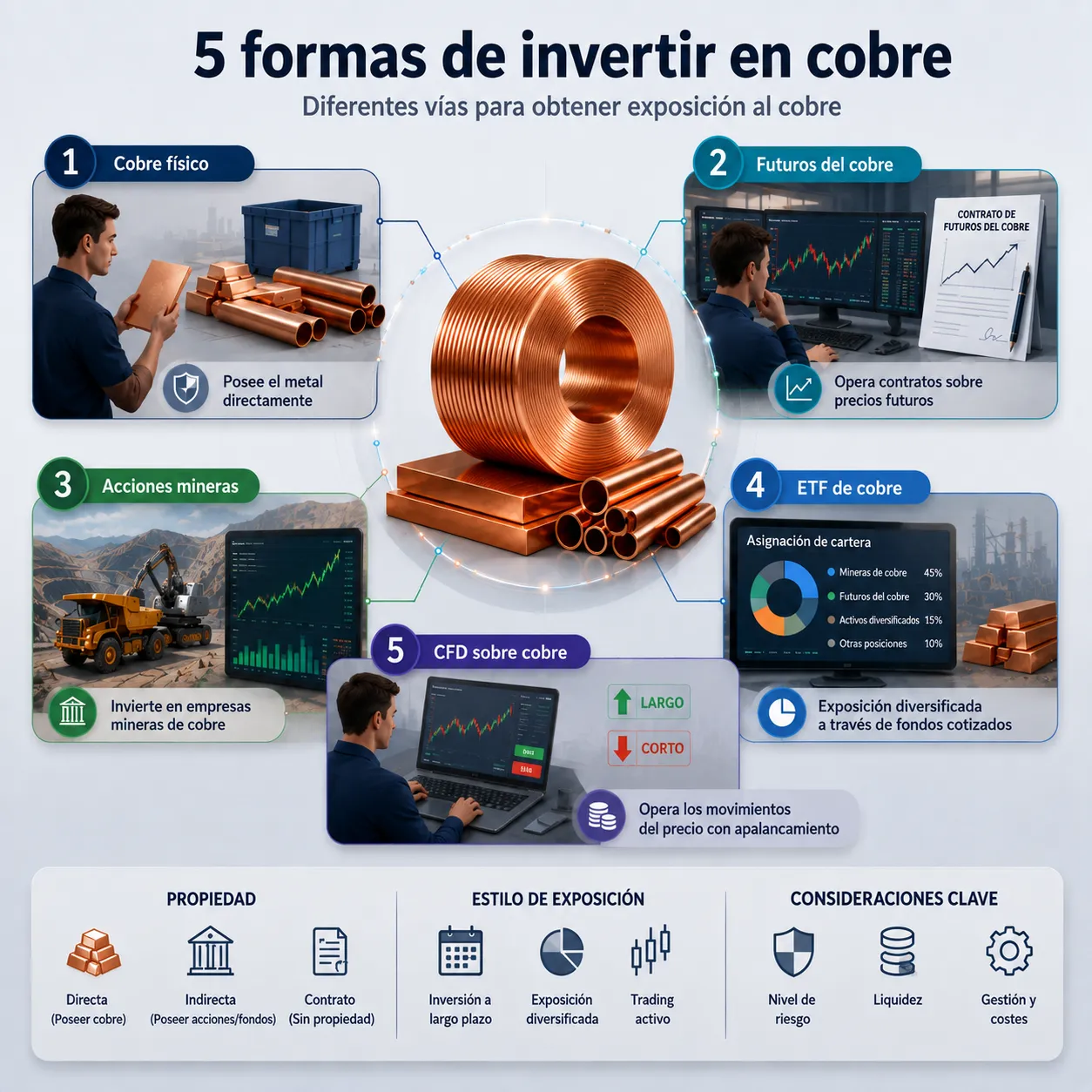 Infografía en español sobre 5 formas de invertir en cobre, con un bobinado central rodeado de secciones explicativas.