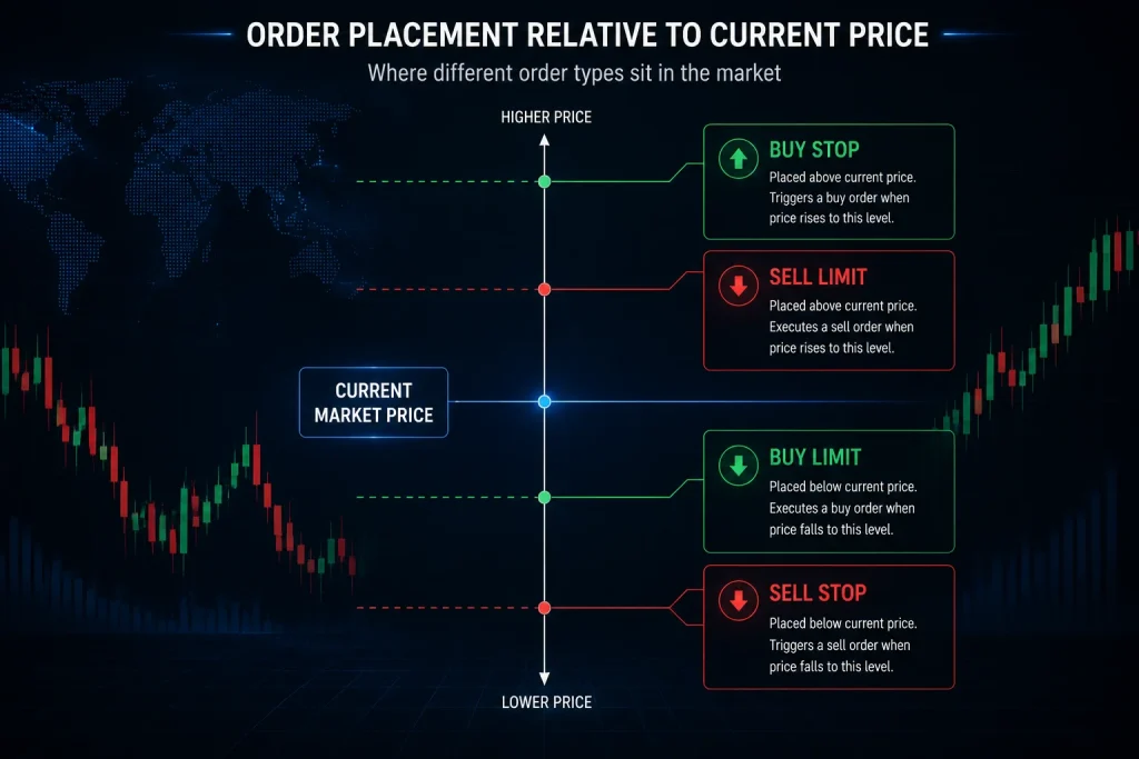 Educational infographic illustrating where Buy Stop, Sell Stop, Buy Limit, and Sell Limit orders are placed relative to the current market price, helping traders understand pending order placement in Forex and CFD trading.