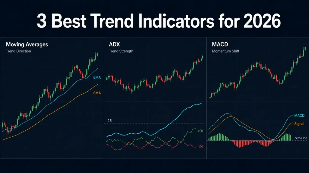 3 trend indicators with caption "3 best trend indicators for 2026" moving averages ADXX MACD Vantage Markets 