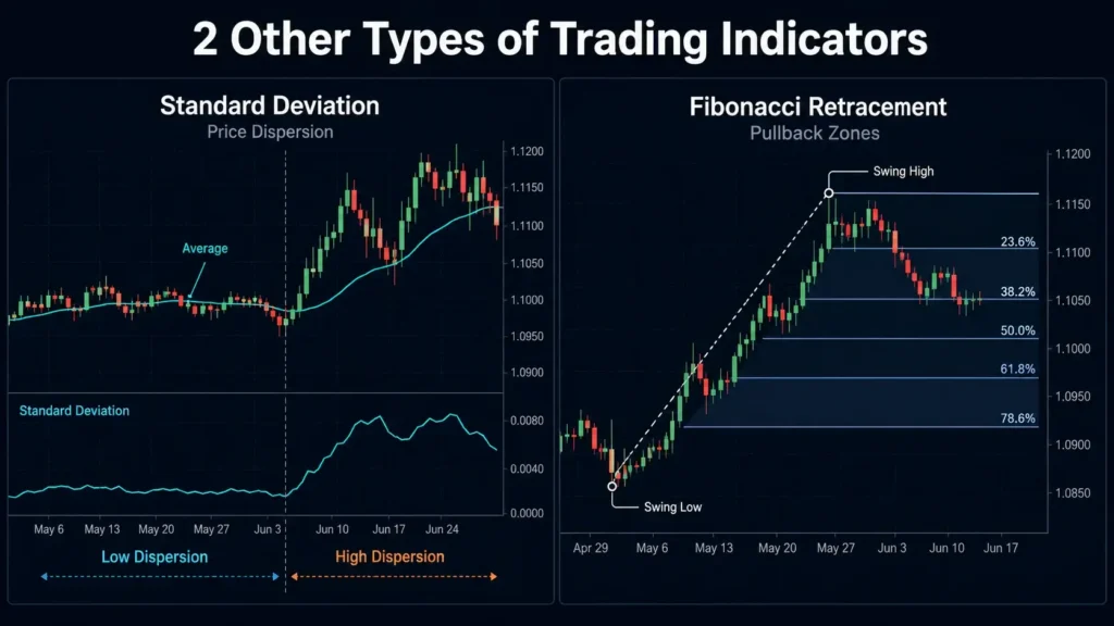 types of trading indicators standard deviation fibonacci retracement Vantage Markets 