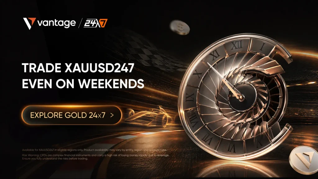 Vantage ad banner with a spiraling gold clock on the right and bold text promoting XAUUSD24/7, plus an orange 'Explore Gold 24x7' button.
