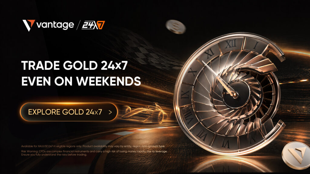 Promo banner showing a metallic, spiraling clock with bold white text: 'TRADE GOLD 24x7 EVEN ON WEEKENDS' and a glowing 'EXPLORE GOLD 24x7' button.