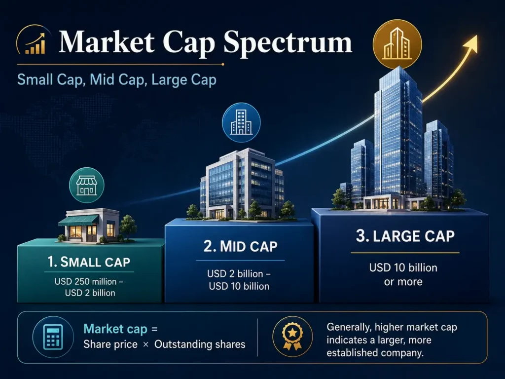 Infographic showing the difference between small market cap, medium market cap and large market cap Vantage Markets