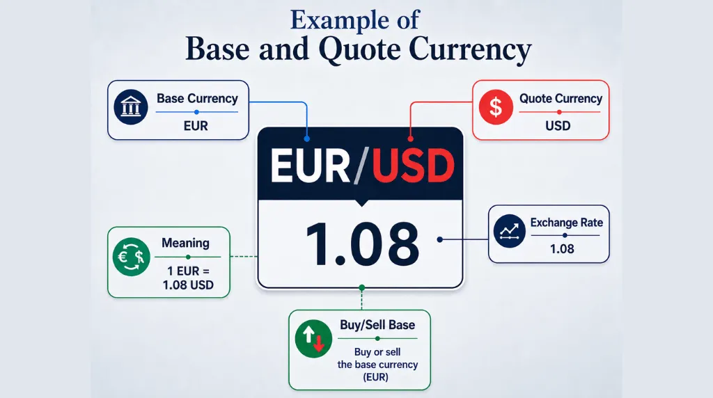 Infographic explaining the EUR/USD forex pair, showing EUR as the base currency, USD as the quote currency, and an exchange rate of 1.08, meaning 1 EUR equals 1.08 USD Vantage Markets