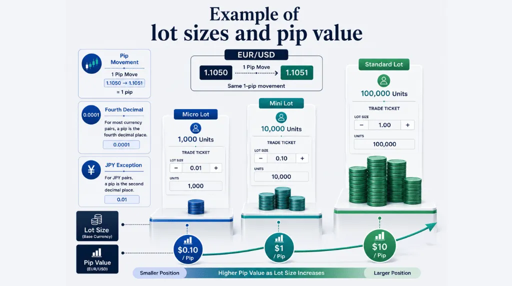 Infographic explaining forex lot sizes and pip value using EUR/USD, showing a 1-pip move from 1.1050 to 1.1051 and comparing micro, mini, and standard lots with pip values of $0.10, $1, and $10 Vantage Markets