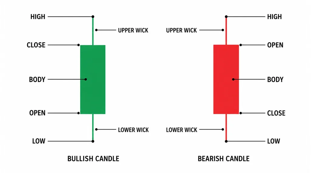 Bullish and bearish candlestick anatomy showing open, close, high, low, body and wicks
