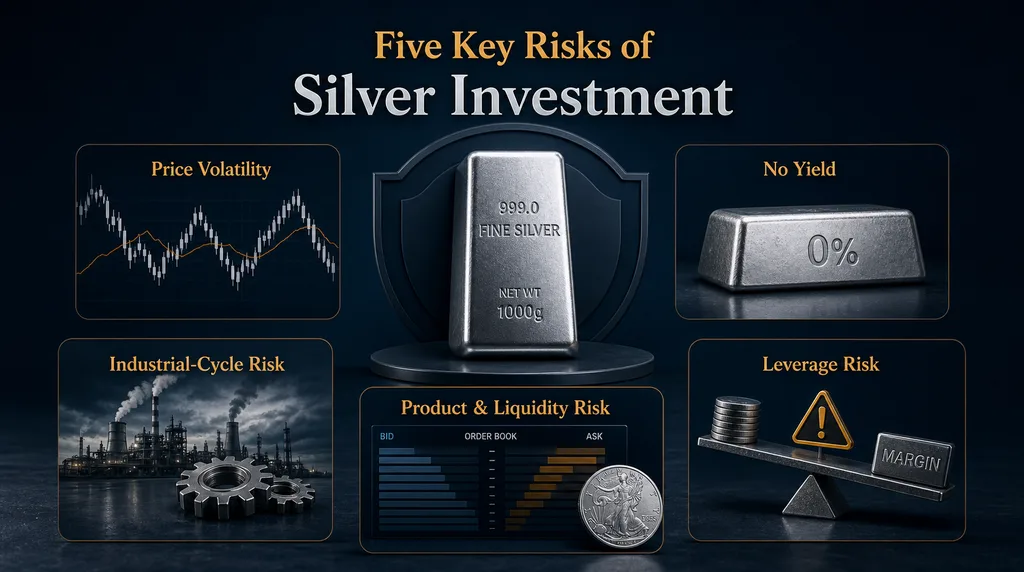 Five risks of silver investment including volatility, no yield, industrial cycles, liquidity and leverage