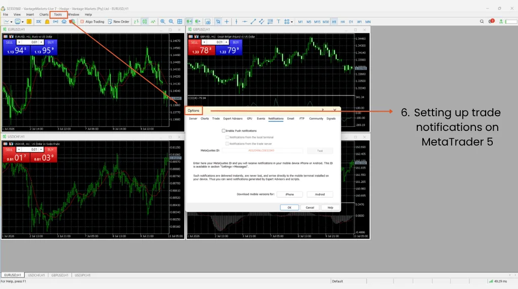 how to set up Trade Notifications on metatrader 5 Vantage Markets