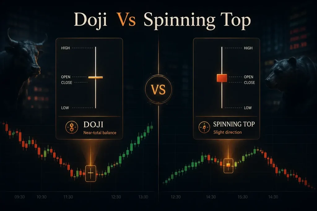Doji and spinning top candlestick comparison showing body size, open and close levels, and example chart patterns Vantage Markets