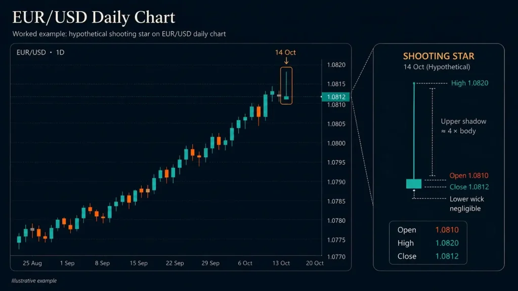 EUR/USD daily chart showing a hypothetical shooting star after an uptrend, with its upper shadow, open, high and close labelled Vantage Markets