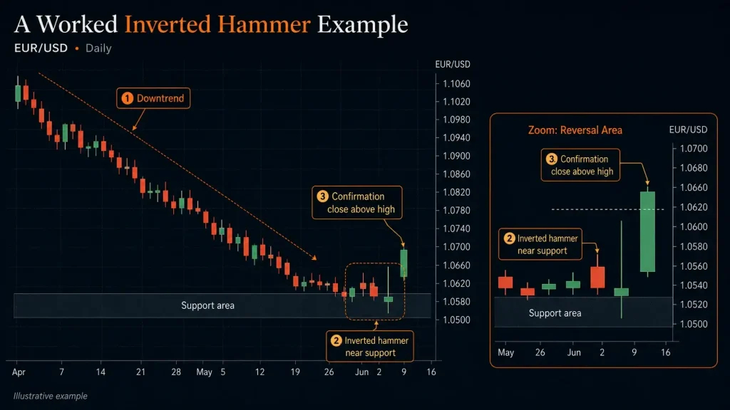 EUR/USD daily chart showing a downtrend, an inverted hammer near support and a confirmation candle closing above the pattern high Vantage Markets 