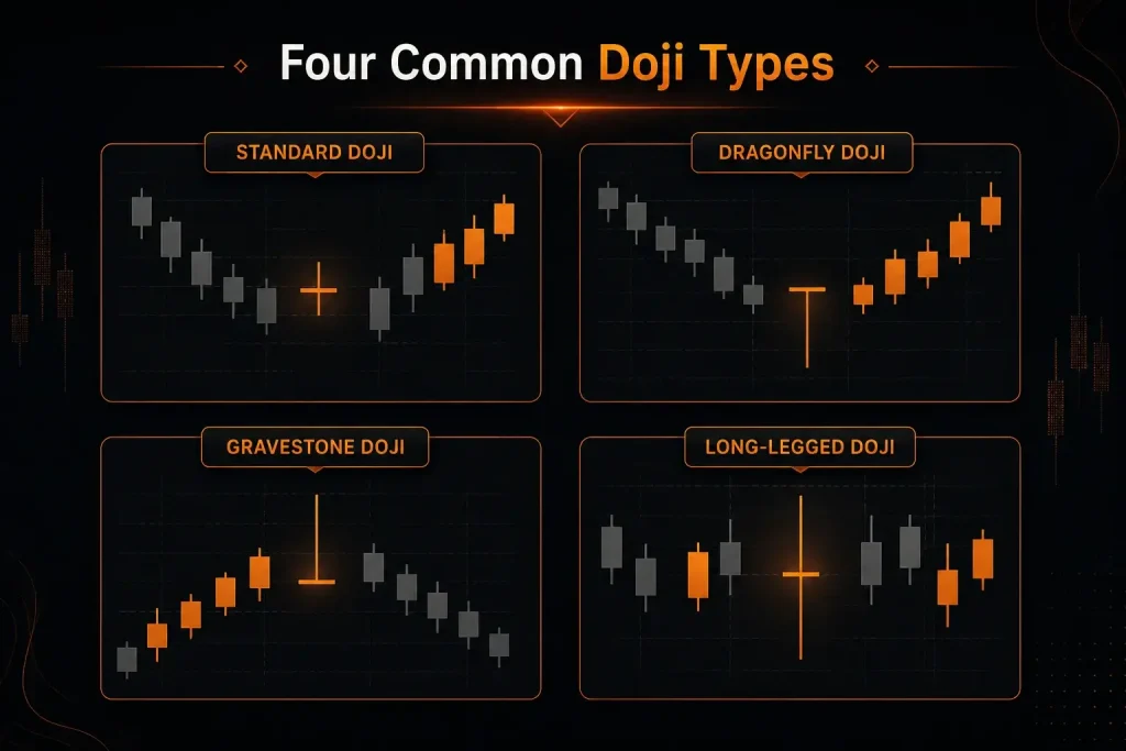 Four charts comparing standard, dragonfly, gravestone and long-legged doji candlestick patterns Vantage Markets