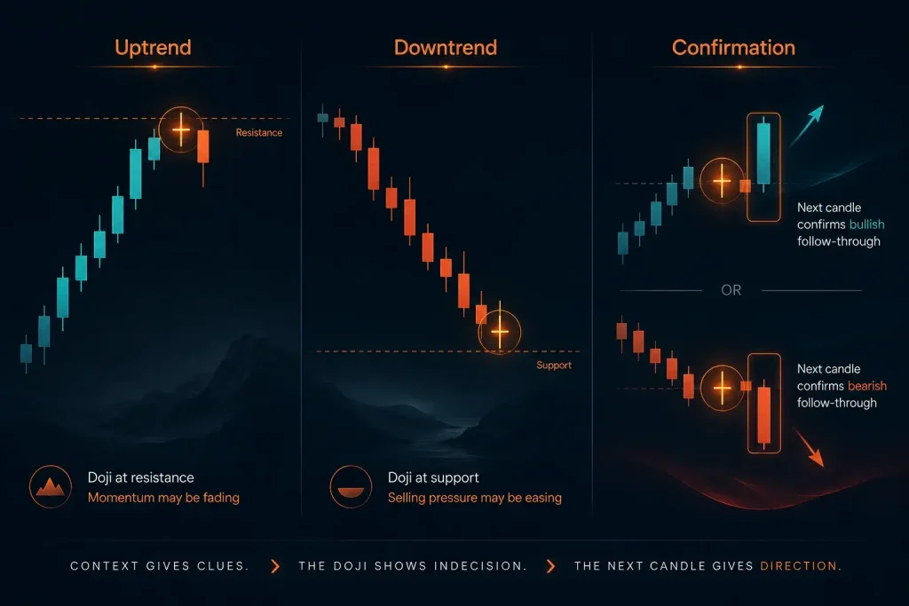 Doji candlestick examples at resistance and support with bullish and bearish confirmation candles Vantage Markets