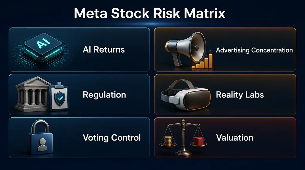 Meta stock risk matrix covering AI returns, advertising concentration, regulation, Reality Labs, voting control and valuation