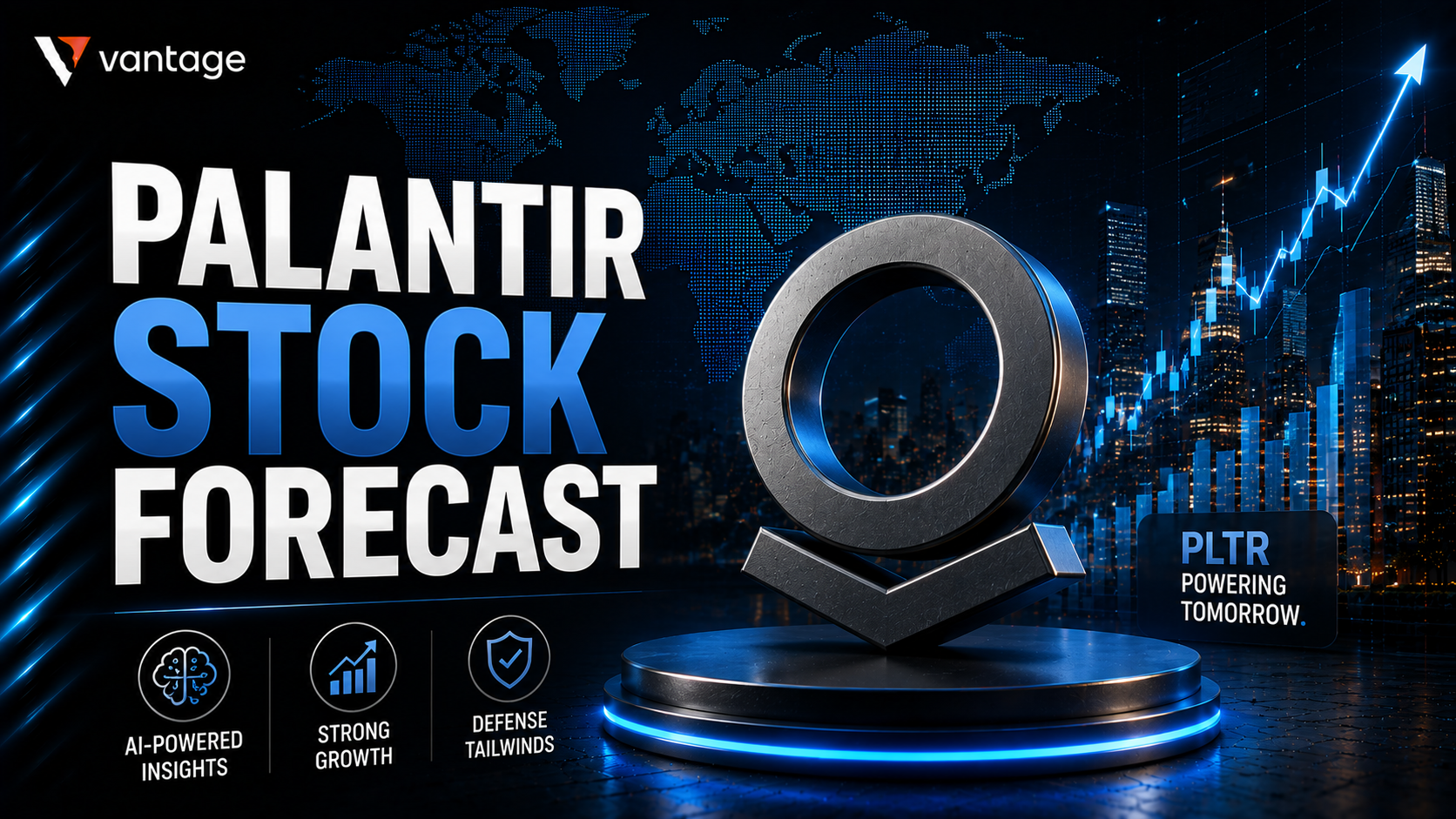 Palantir PLTR stock forecast graphic with artificial intelligence and market chart