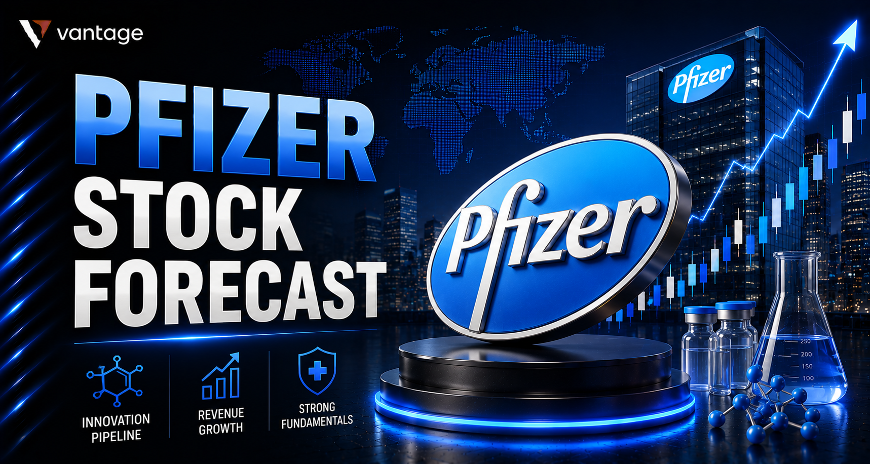 Pfizer PFE stock forecast graphic with pharmaceutical research and market chart